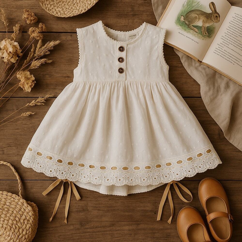 Camille & Leah Ribbon Lace 2 Piece Set Cream Dress Short Baby Girl 12M 12 Months